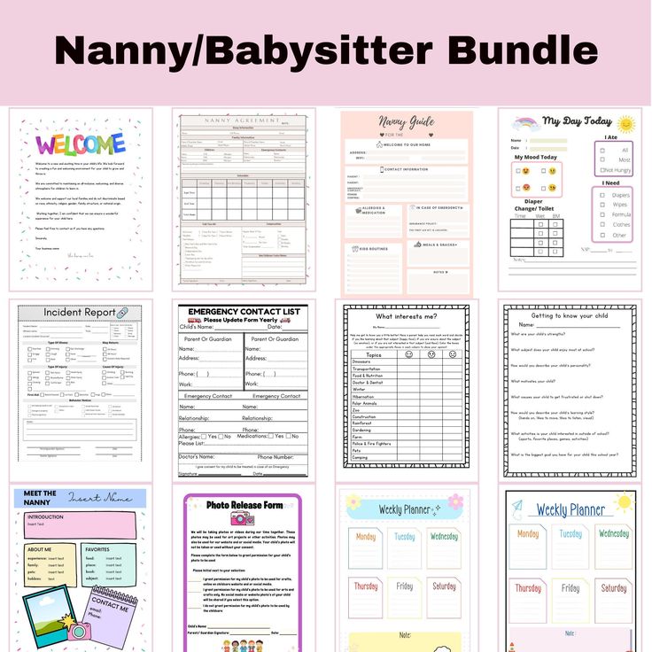 many babysitter printables are shown with the words, names and numbers