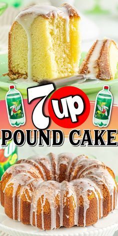 this is an advertisement for 7up pound cake with icing on the top and one bundt cake in the middle