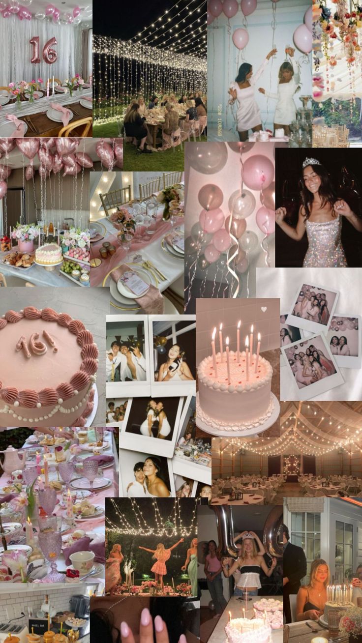 a collage of photos with pink and white decorations, balloons, pictures, and cake