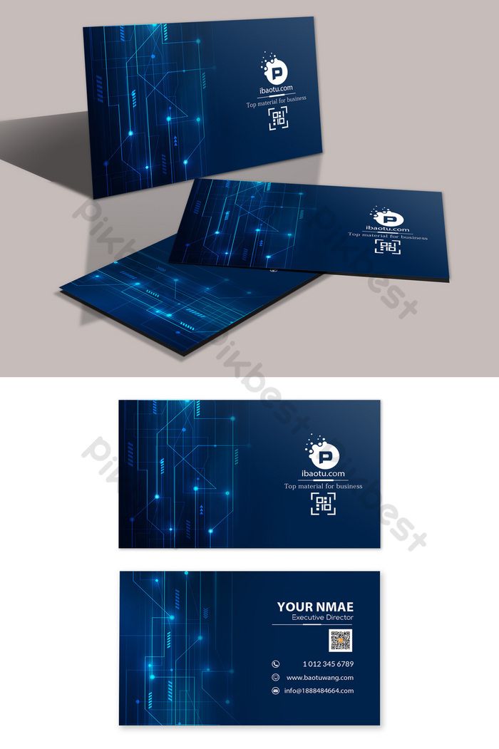 the business card is designed to look like an abstract blue background with lines and dots