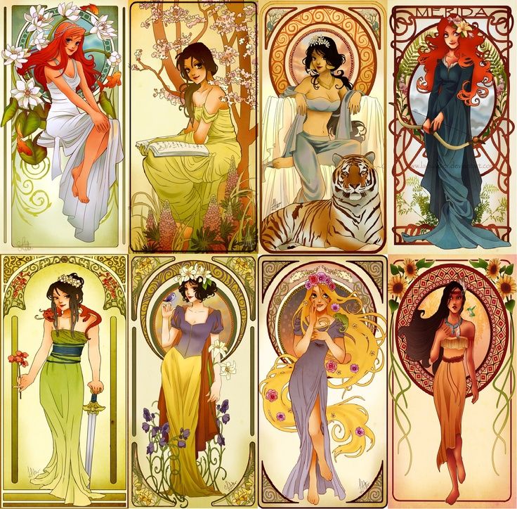 four different types of women in art nouveau style