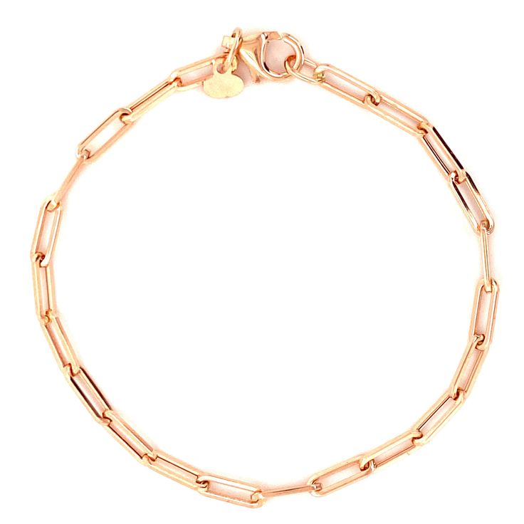 Our lightweight Italian made paper clip link chain bracelets comes in various link sizes and lengths. A must have item! Available in 14k yellow gold, rose gold, and white gold. We also sell this item in solid version: 14K Gold Solid Paper Clip Chain Bracelet Item Information: Metal: 14k Gold Link Size: S - 9x3mm M - 12x4mm L - 16x5.25mm Weight (7"): S - 2.10g M - 2.95g L - 4.95g Modern Rose Gold Oval Link Chain Bracelet, Rose Gold Link Chain Bracelet With Adjustable Chain, Modern Rose Gold Chain Bracelet With Rectangular Links, Formal Rose Gold Cable Chain Bracelet, Luxury Everyday Rose Gold Chain Bracelet, Luxury Rose Gold Chain Bracelet For Everyday, Rose Gold Chain Bracelet With Rectangular Links, Classic Rose Gold Link Chain Bracelet, Elegant Rose Gold Link Paperclip Bracelet