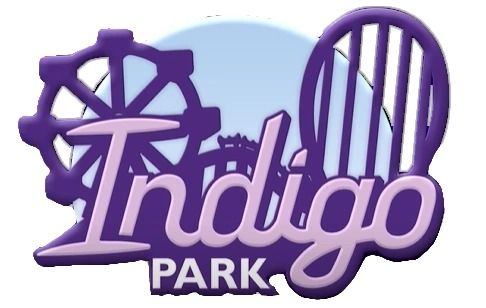 the indigoo park logo is purple and has an amusement wheel in front of it