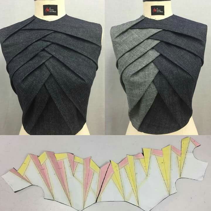 the back and sides of a dress made out of folded fabric, with different patterns on it