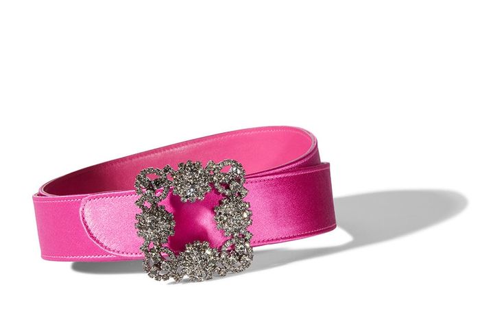 Manolo Blahnik - Hangisis Belt, pink satin crystal buckle belt  ($ 765) Elegant Belt With Removable Rectangular Buckle, Elegant Belt Buckles With Removable Rectangular Buckle, Luxury Silver Belt With Buckle Closure, Elegant Evening Belts With Buckle Closure, Luxury Belt Buckles With Removable Belt For Evening, Designer Belt Buckles For Party, Manolo Blahnik Pink, Deconstruction Fashion, Formal Pumps