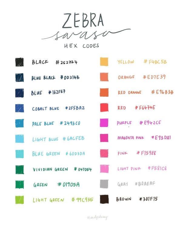 the color chart for zebra's new colors, including blue, green, yellow and pink