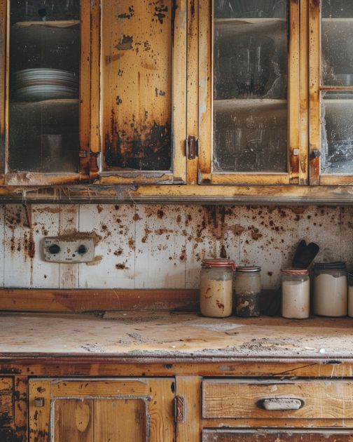 an old kitchen with rust on the walls and cupboards