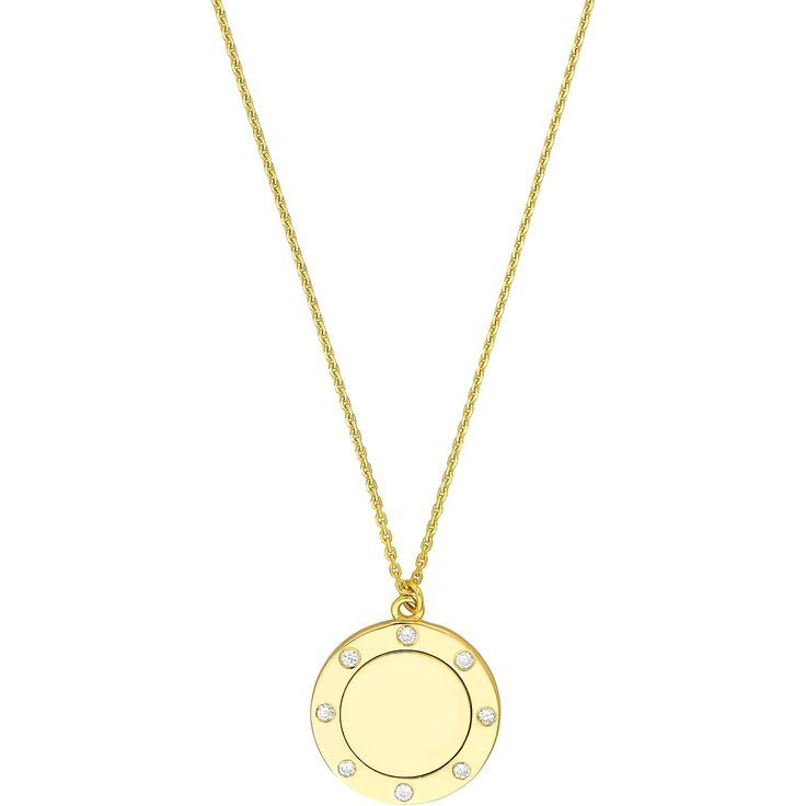 Olas d'Oro 18 Necklace - 14K Yellow Gold Diamond Trim Disc Medallion Necklace Luxury 14k Gold Medallion Necklace, Gold Diamond Necklaces With Polished Finish, Elegant Engraved Medallion Necklace For Formal Occasions, 14k Gold Round Coin Necklace Fine Jewelry, Elegant Custom Round Necklace In 14k Gold, Elegant Engraved Gold-plated Coin Necklace, Elegant Engraved Gold Plated Coin Necklace, Elegant Yellow Gold Custom Necklace With Round Pendant, Elegant Gold Custom Necklace With Diamond Accents