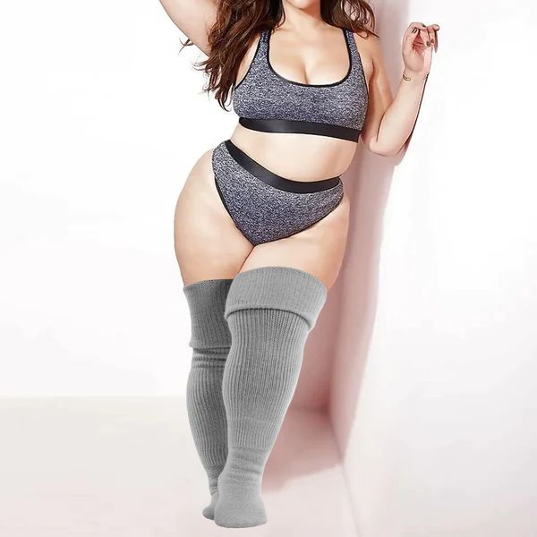 Womens Plus Size Thigh High Socks-Grey Casual Gray Thigh-high Socks, Casual Gray Thigh High Socks, Gray Leg Warmers For Winter Stocking Stuffer, Fitted Thigh High Gray Leg Warmers, Fitted Gray Thigh-high Leg Warmers, Casual Gray Knee-high Stockings, Casual Gray Thigh-high Legwear, Gray Stretch Knee-high Hosiery, Stretch Gray Knee-high Hosiery