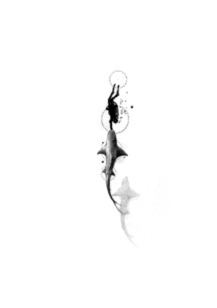 a black and white photo of a person diving in the water with a fish on it's back