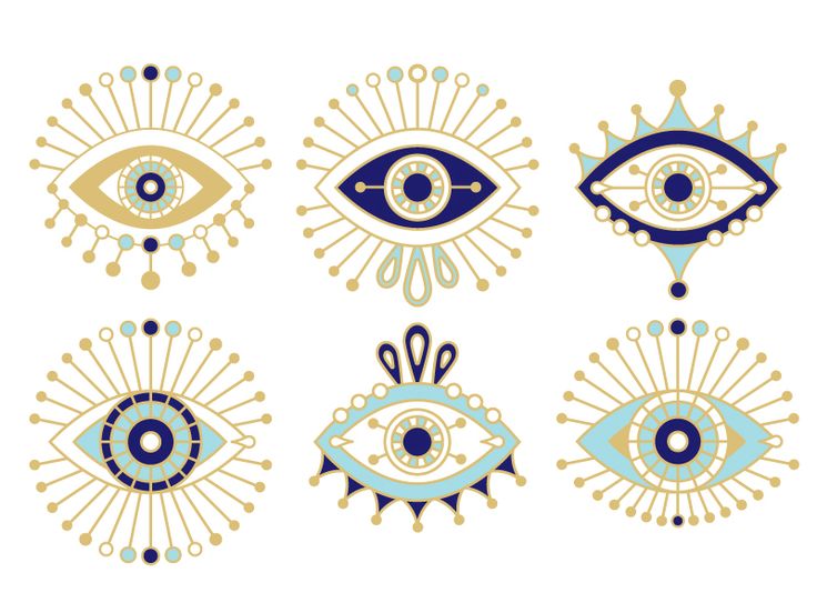 an image of four different types of eye designs in blue and gold colors on a white background