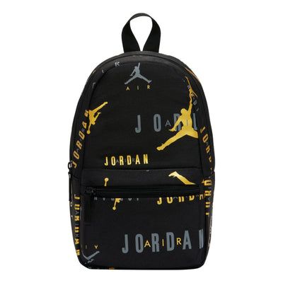 (PS) Air Jordan Jumpman Mini Backpack 'Black Gold' DQ8199-010 Black Logo Bags For Outdoor, Black Logo Bags For Outdoor Activities, Black Logo Backpack For Travel, Black Bag With Logo For Back To School, Back To School Black Bag With Logo, Black Bags With Logo For Back To School, School Nylon Backpack With Logo, School Backpack With Logo In Nylon, School Backpack With Logo For Back To School