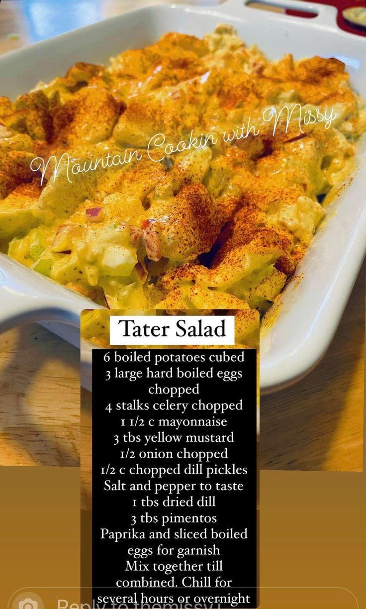 the recipe for tater salad is shown in an image above it's description