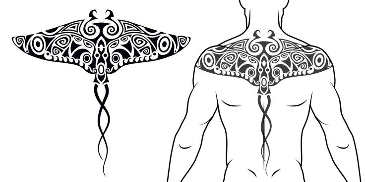 the back and side view of a man's torso with intricate designs