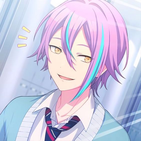 an anime character with pink hair and blue eyes wearing a tie, looking at the camera