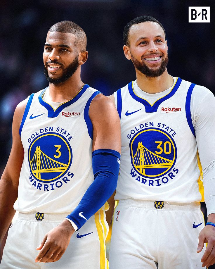 three golden state warriors basketball players standing in front of a blue and yellow background with the words golden state on it