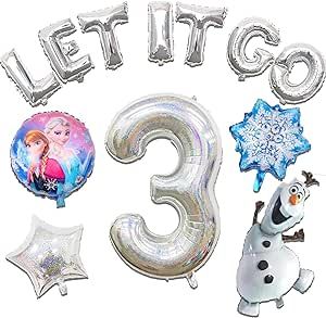 balloons and heliums are arranged in the shape of numbers for a frozen princess themed birthday party