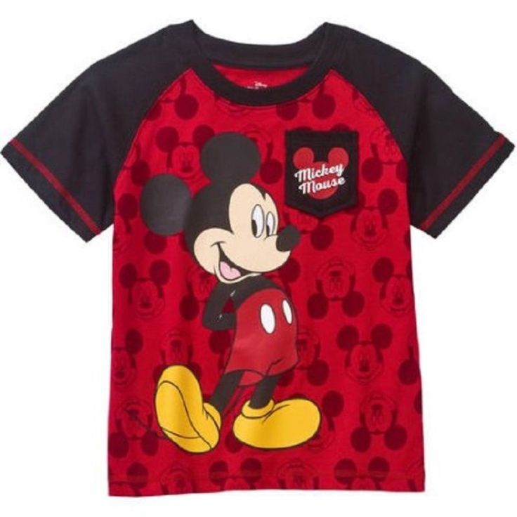 a mickey mouse t - shirt with red and black polka dots on the front,