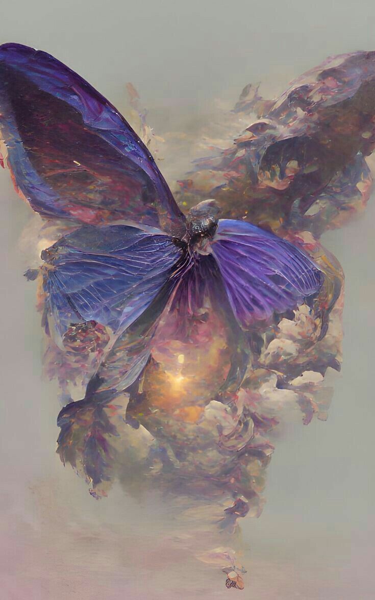 a painting of a purple butterfly flying through the air