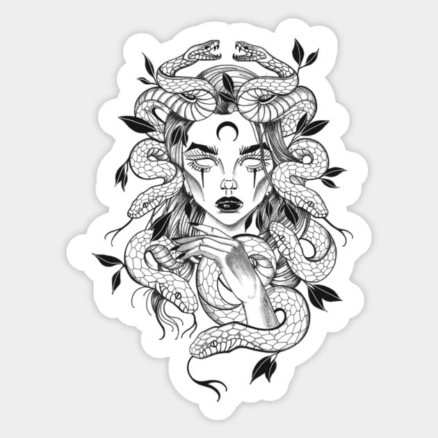 a sticker with a woman's face surrounded by snakes and leaves on it