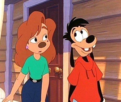 goofy and minnie standing in front of the door to their house, looking at each other