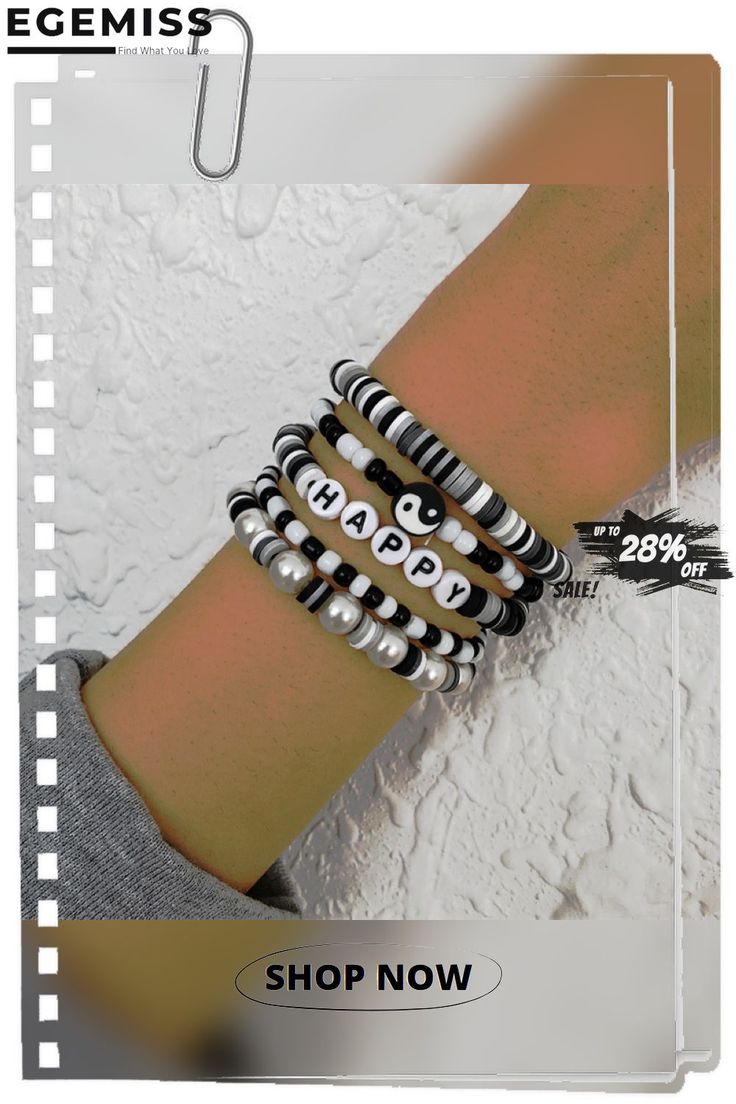 Black White Daily Letter Bracelets Casual Black Friendship Bracelets With Round Beads, Trendy Black Friendship Bracelets With Round Beads, Casual Black Round Beads Friendship Bracelets, Casual Black Round Beads Friendship Bracelet, Trendy Stretch Bracelet With Letter Print, Casual Black Friendship Bracelets With Letter Beads, Casual Black Beaded Bracelets For Friendship, Trendy Black Jewelry With Letter Print, Trendy Handmade Black Stretch Bracelet