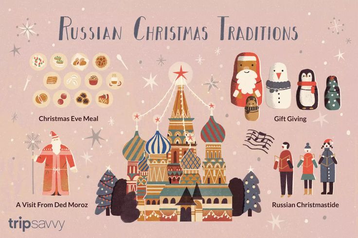 the russian christmas decorations are displayed in front of a pink background with snowflakes