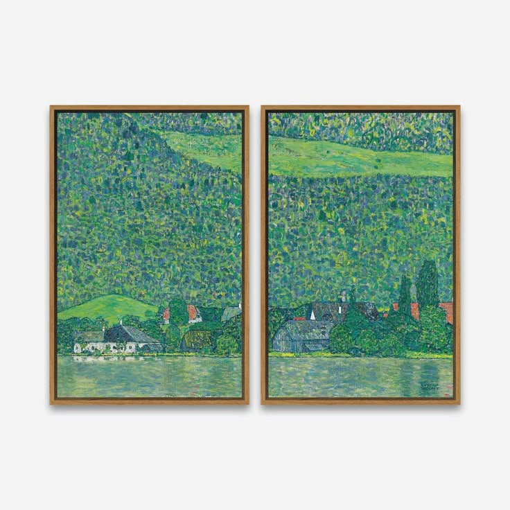 two framed paintings depicting green countrysides and houses on the water with trees in the background