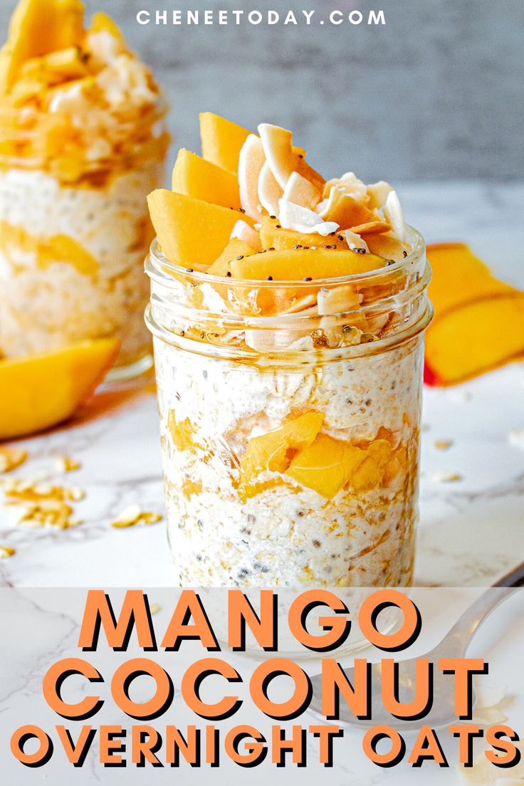 mango coconut overnight oatmeal in a mason jar with orange slices on top