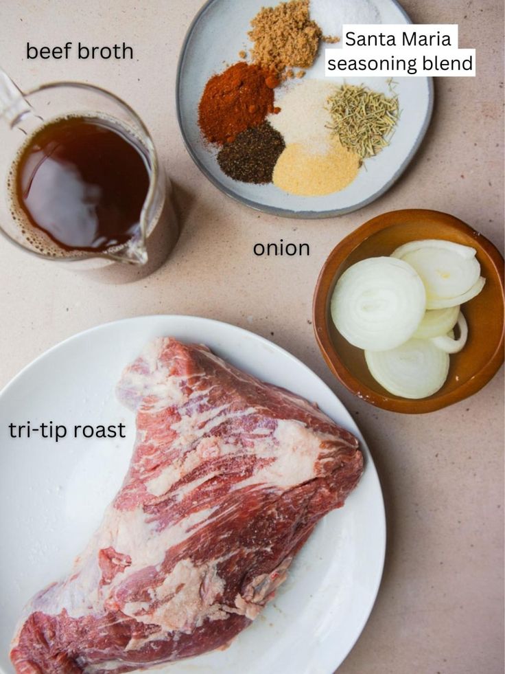 the ingredients to make an entree are shown on a plate, including meat and seasonings