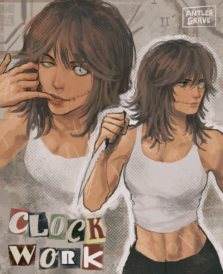 a woman in white shirt and black shorts holding her hand to her face with clock work written on it