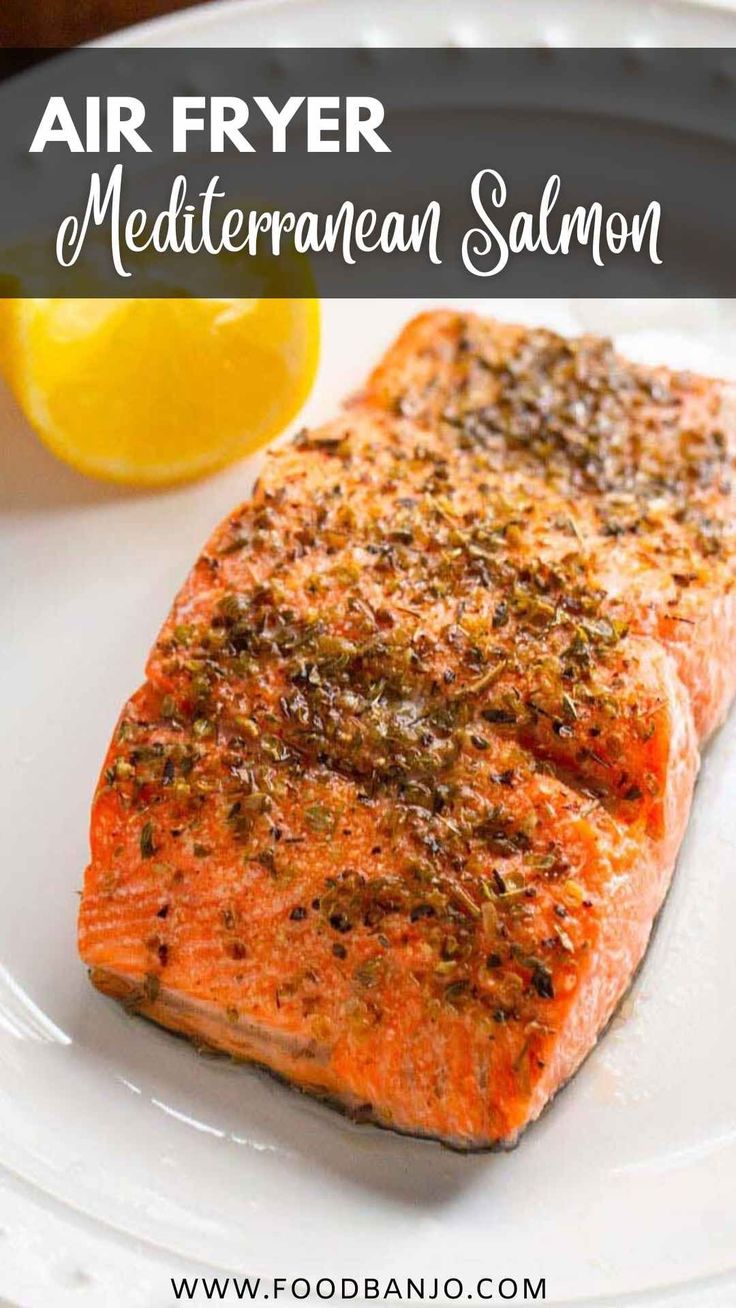 Air fryer mediterranean salmon on a white plate. Salmon In Air Fryer, Mediterranean Salmon, Air Fryer Salmon, Frozen Salmon, Cooks Air Fryer, Fried Salmon, Air Fry Recipes, Healthy Salmon, Salmon Dishes