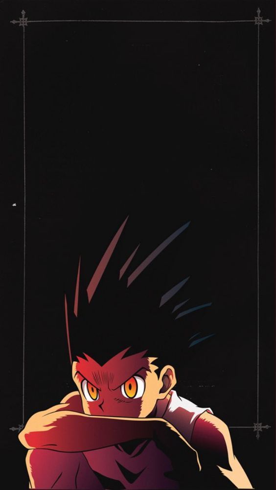 an anime character with red hair and yellow eyes in front of a black background, looking over his shoulder