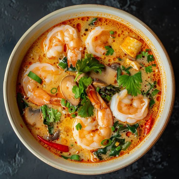 a bowl of soup with shrimp, mushrooms and greens in it on a black surface