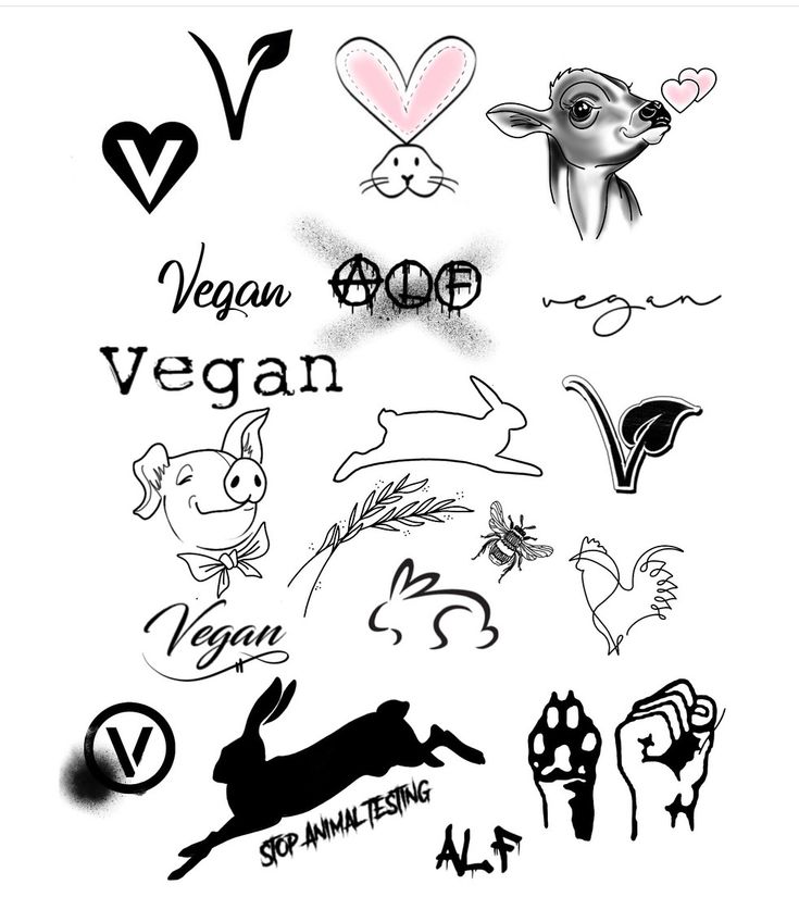 some black and white tattoos on a white background with the words vegan written in different languages