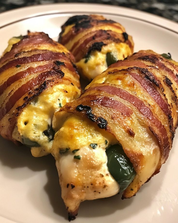 three pieces of bacon wrapped in cheese and green peppers on a white plate with black granite countertop