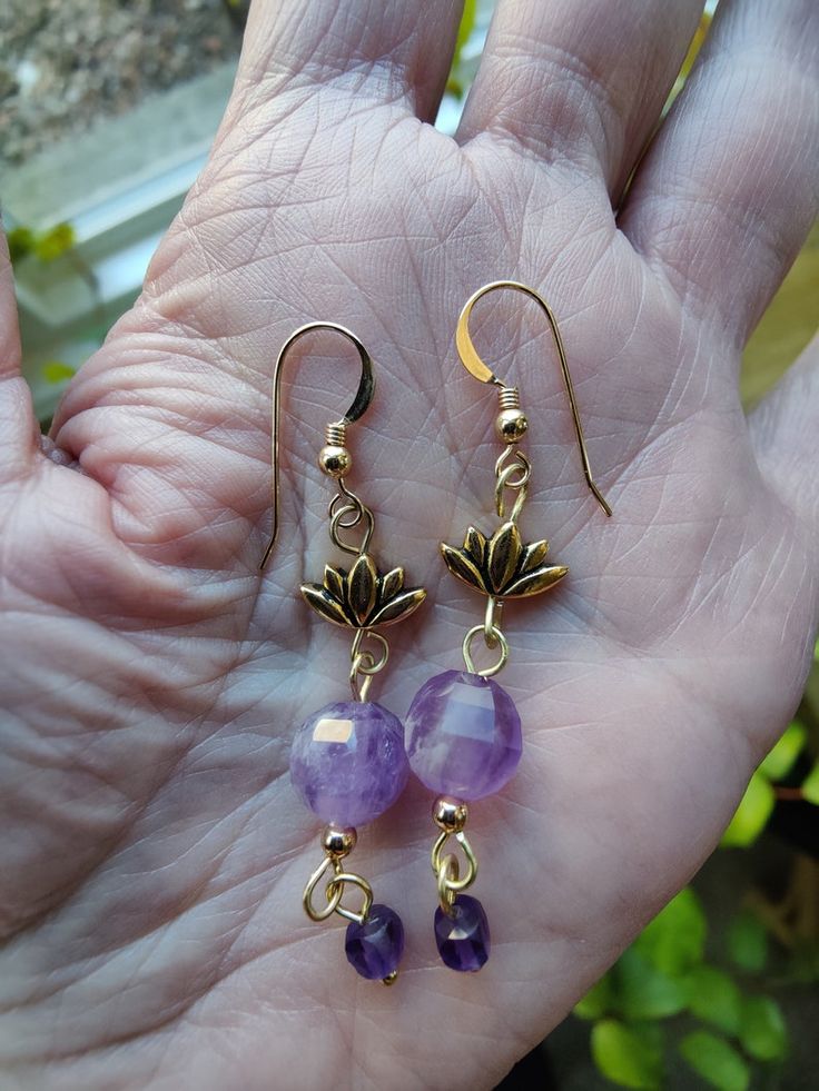 Amethyst Necklace & Drop Earring Set - Etsy Yellow Gold Spiritual Earrings, Handmade Amethyst Jewelry For Meditation, Spiritual Bronze Round Beads Jewelry, Bohemian Gold Faceted Earrings, Gold Gemstone Bead Drop Earrings, Gold Drop Earrings With Gemstone Beads, Gold Rondelle Bohemian Jewelry, Bohemian Gold Rondelle Jewelry, Faceted Round Brass Jewelry