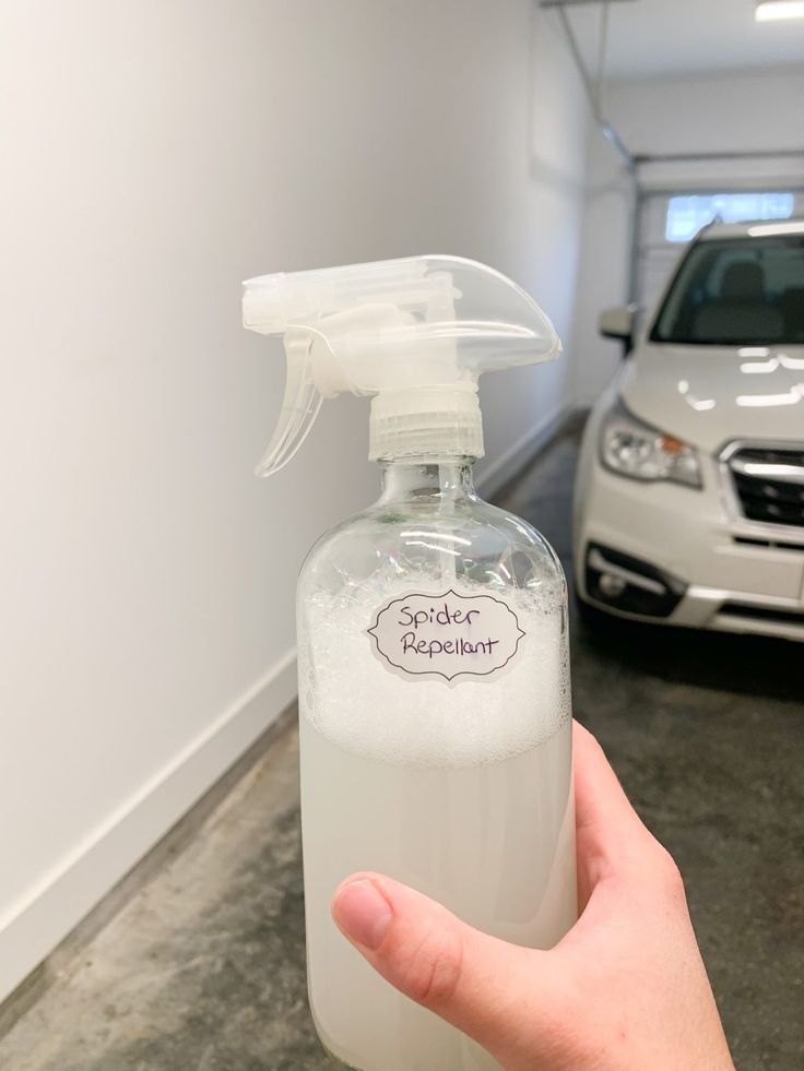 a hand holding a bottle of soapy cleaner next to a car in a garage