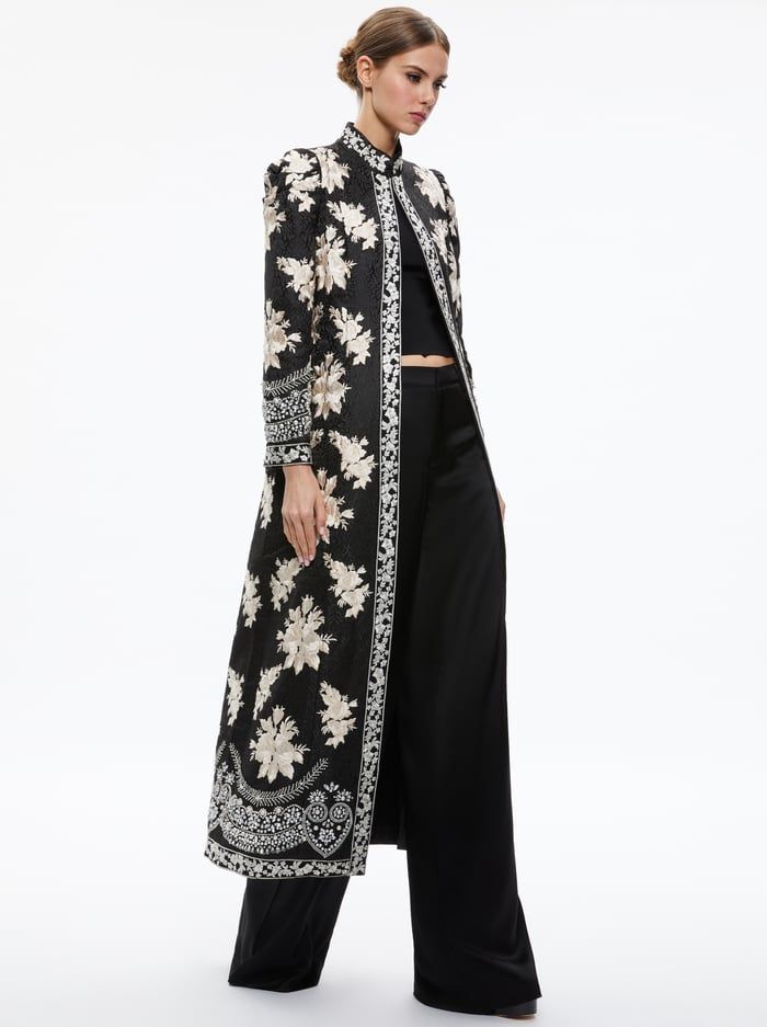 Thomas Embroidered Maxi Coat In Black/silver | Alice And Olivia Fitted Outerwear With Intricate Embroidery, Elegant Long Outerwear With Intricate Embroidery, Elegant Long Embroidered Outerwear, Fitted Outerwear With Resham Embroidery, Fitted Long Outerwear For Festive Season, Fitted Stand Collar Outerwear With Intricate Embroidery, Formal Embroidered Long Coat, Formal Outerwear With Resham Embroidery, Elegant Long Sleeve Outerwear With Resham Embroidery