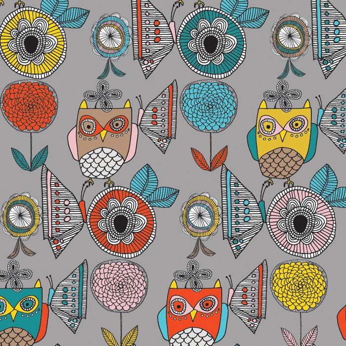 an owl and flower pattern on a gray background