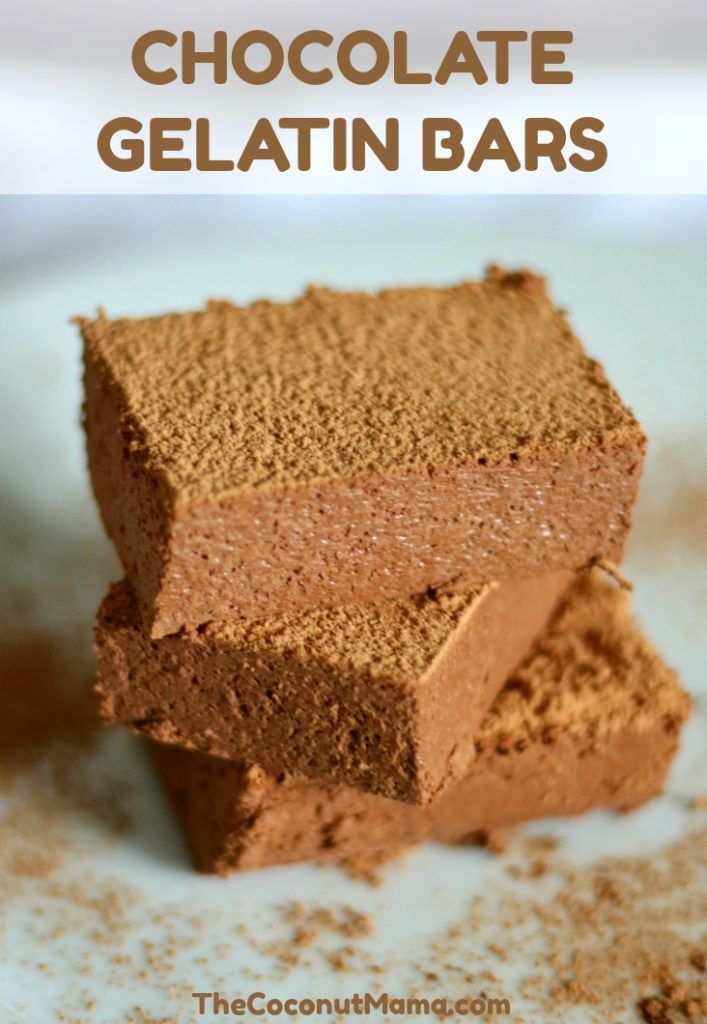 three pieces of chocolate gelatin bars stacked on top of each other with text overlay