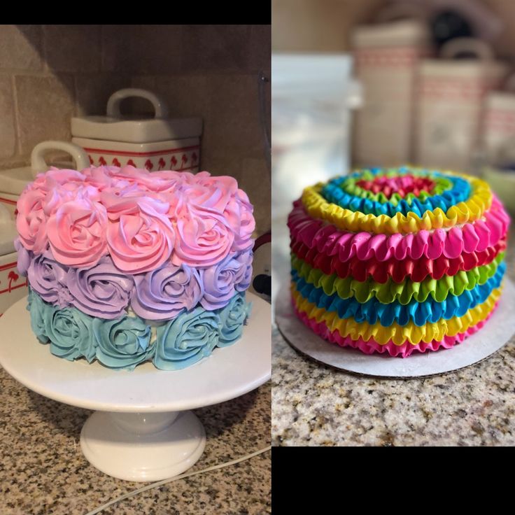 there are three different cakes on the counter top, one is decorated with icing and the other has ruffles