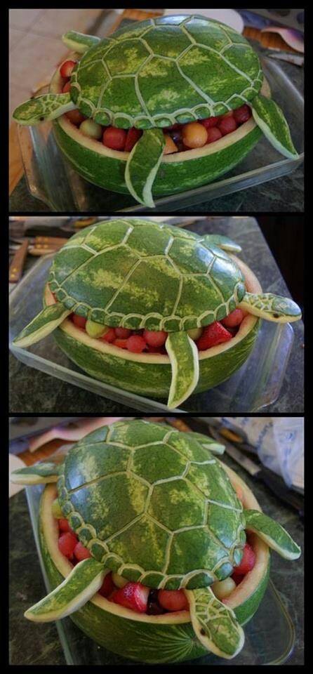 a turtle made out of watermelon and strawberries