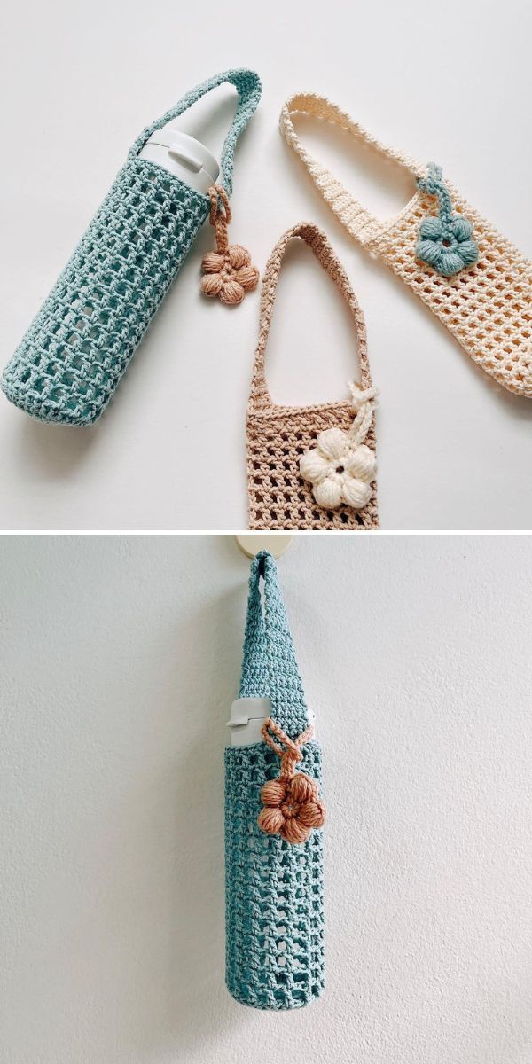 crocheted purses are hanging on the wall and one is holding a bottle