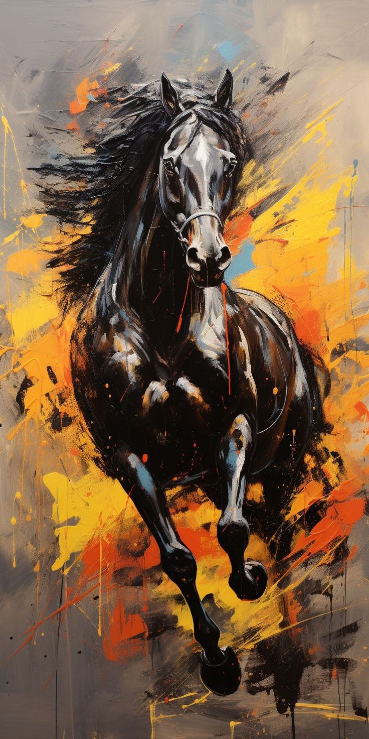 a painting of a black horse on a gray background