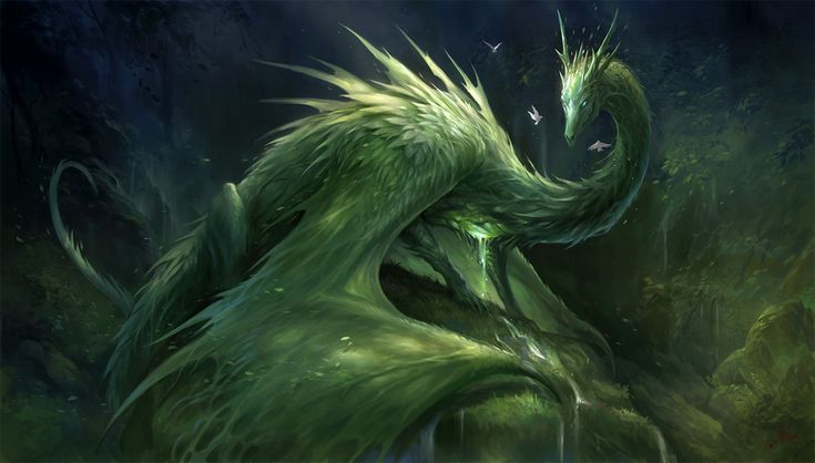 a green dragon with its mouth open and eyes closed, standing in the dark forest