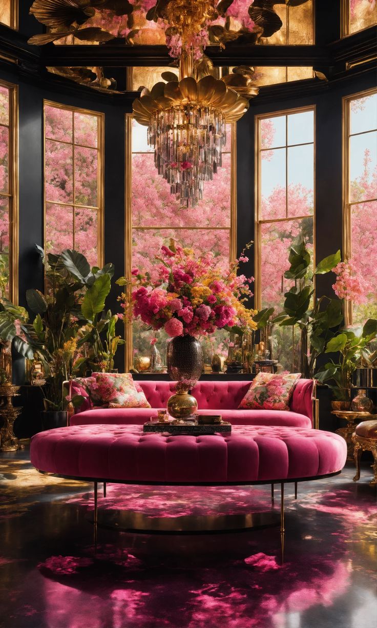 a living room filled with pink furniture and lots of flowers on the windows sill