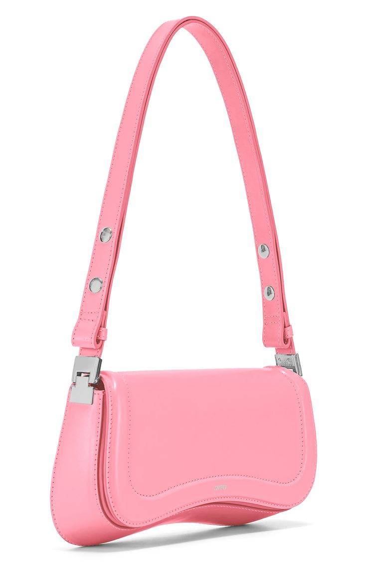 Polished hardware and an architectural silhouette lend visual intrigue to a '90s-inspired shoulder bag fitted with an adjustable strap for versatile wear. Lined Polyurethane Imported Modern Pink Shoulder Bag With Logo Hardware, Trendy Pink Shoulder Bag With Logo Hardware, Modern Crossbody Flap Bag With Logo Hardware, Modern Pink Shoulder Bag With Metal Hardware, Modern Crossbody Shoulder Bag With Logo Hardware, Modern Crossbody Baguette Bag With Metal Hardware, Modern Baguette Shoulder Bag With Silver-tone Hardware, Trendy Rectangular Shoulder Bag With Logo Hardware, Modern Rectangular Baguette Bag With Metal Hardware