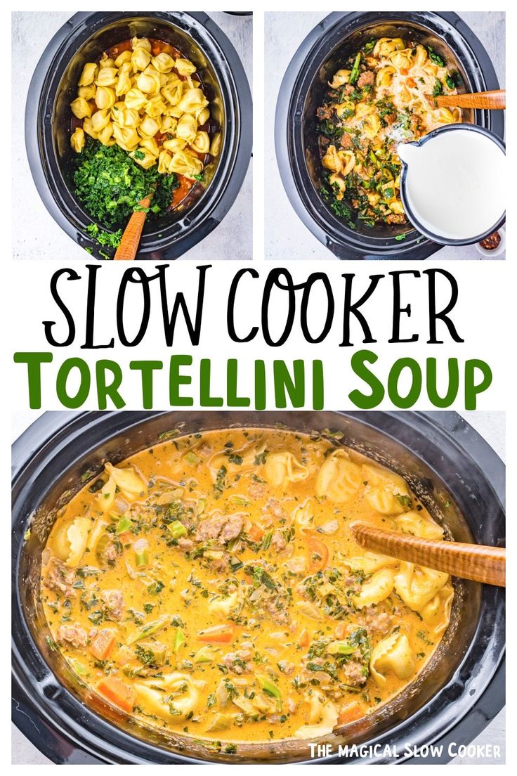 slow cooker tortellini soup is an easy and delicious dinner that's ready in less than 30 minutes