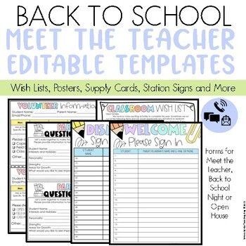 back to school meet the teacher editable templates with lists, supply cards, station signs and more